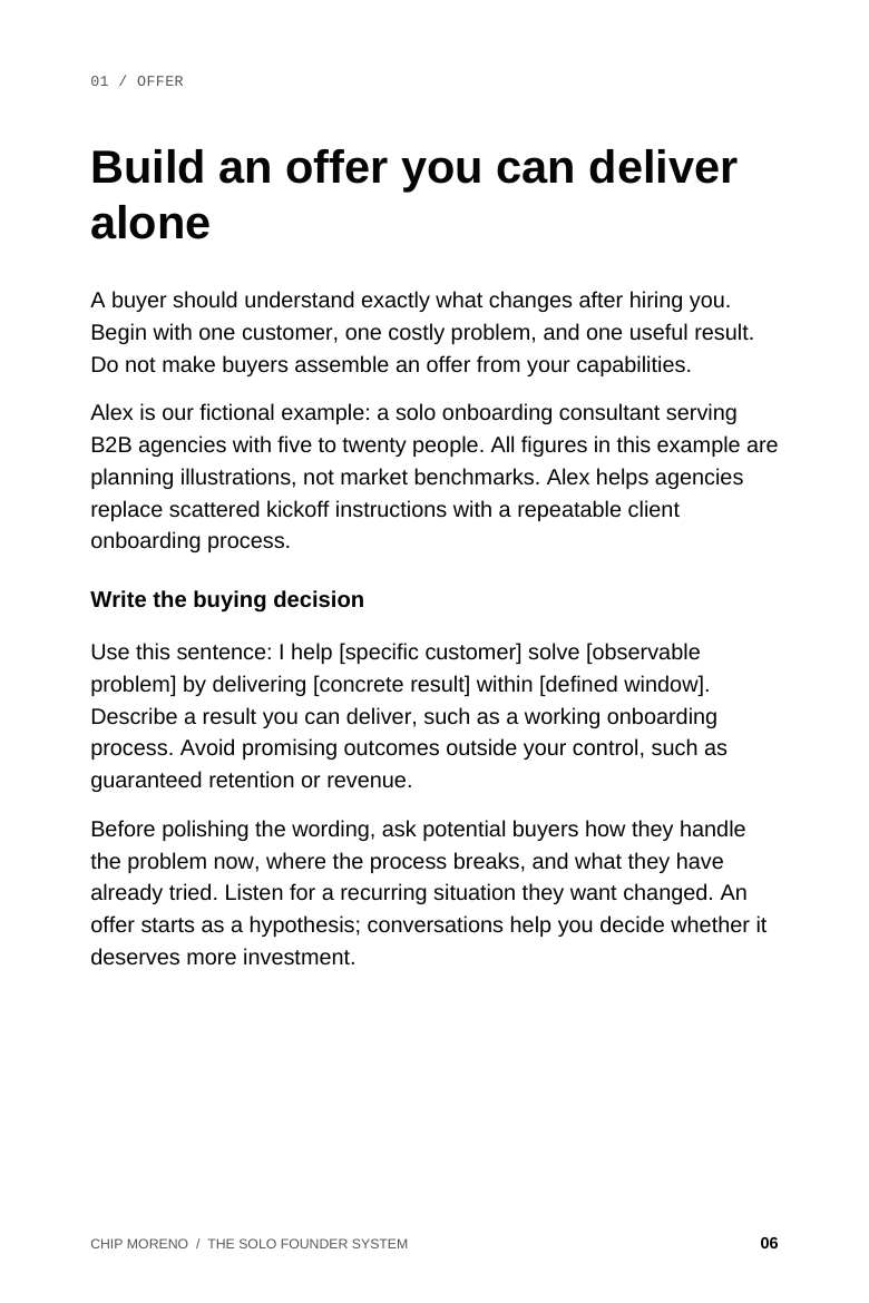 A real book page: Build an offer you can deliver alone
